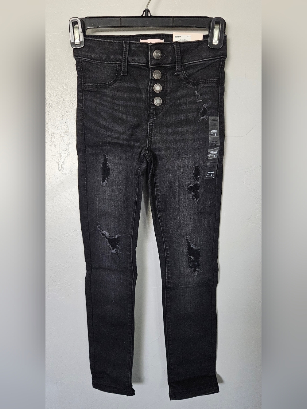 SO NWT Girls 6 Black High-Rise Distressed Jeggings Jeans Denim Expose Button Fly